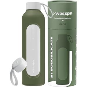 Wessper Borraccia in Vetro da 1 Litro, Bottiglia Motivazionale con Scala di Idratazione, Borraccia in vetro Borosilicato con Custodia in Silicone, Materiale Sicuro senza BPA - Oliva