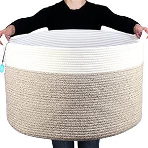 Casaphoria Cesta portaoggetti Casaphoria in corda di cotone, misura XXXL, per soggiorno, con manico, per coperte, asciugamani e cuscini, cesto per la biancheria, bianco crema e marrone (55,9 cm x 55,9 cm x 35,6