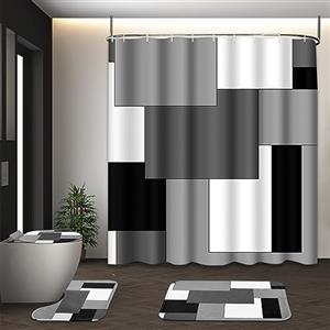Tayney Set di tende da doccia geometriche grigie con copriwater e tappeti antiscivolo per il bagno, tenda da doccia a scacchi neri e bianchi, set da bagno moderno astratto con 12 ganci