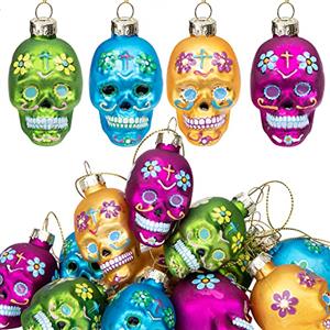 Watayo 12 ornamenti in vetro con teschio di zucchero del giorno dei morti, decorazioni per Halloween da appendere per feste e albero di Natale