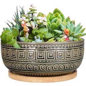 G EPGardening Vaso per piante grasse in ceramica, 20,5 cm, per piante d'appartamento, rotondo, poco profondo, bonsai, con drenaggio e piattino in bambù, colore: blu