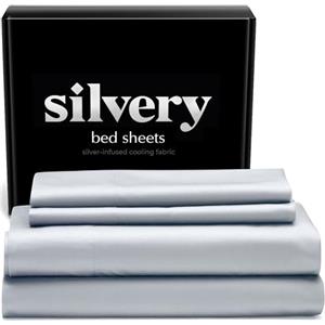 Silvery Set di lenzuola color argento, ultra morbide, 400 fili, tessuto pulito e rinfrescante con tecnologia Silvery Technology™, 4 pezzi, lenzuola termoregolanti traspiranti per letto matrimoniale