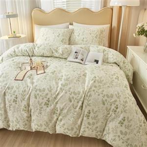 LifeTB Biancheria da letto bohémien vintage, con stampa floreale bianca e verde, biancheria da letto in cotone, motivo botanico, fiori da giardino, set di biancheria da letto bohémien, con chiusura lampo e