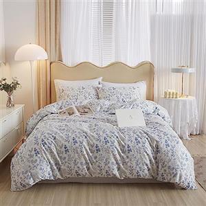 LifeTB Vintage Style Cotton Floral Duvet Cover Queen Boho Blue Floral Bedding Set Chic Shabby Aesthetic Floral Comforter Cover Soft Botanical Bedding Set 1 Queen Duvet Cover 2 Pillow Shams