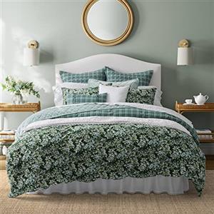 Laura Ashley - Set copripiumino matrimoniale, set di biancheria da letto in cotone reversibile, include federe abbinate con Euro Sham(s) e federe in omaggio (verde floreale rovo, regina)