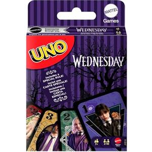 Mattel Games - UNO Mercoledì, versione da collezione dell'iconico gioco di carte ispirata alla serie Netflix Mercoledì, con carte e regole speciali, giocattolo per bambini, 7+ anni, JHB18