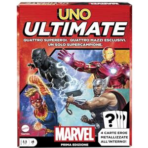 Mattel Games UNO Ultimate Marvel, gioco con 4 carte laminate da collezione e supereroi Black Panther, Captain Marvel, Iron Man e Thor, giocattolo per bambini, 7+ anni, Versione italiana, HWX08
