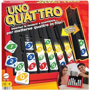 Mattel Games - UNO Quattro, combina l'abilità di abbinare il colore o il numero alla sfida di posizionare quattro tessere in fila, per serate di gioco, 7+ anni, HPF82