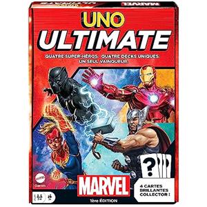 Mattel Games UNO Ultimate Marvel - Gioco di carte, design supereroe, Captain Marvel, Iron Man, Black Panther, Thor, regole speciali, carte di pericolo, carte da collezione, età 7+, HVM25