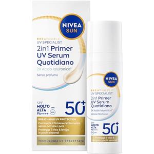 NIVEA SUN 2in1 Primer UV Serum Quotidiano SPF50+ 30 ml, Siero SPF 50+ viso invisibile, Protezione solare viso ideale come base make up, Con 2x Acido Ialuronico, Senza profumo, Tutti i tipi di pelle