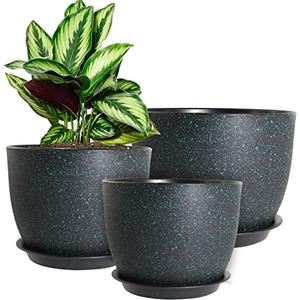WOUSIWER Set di 3 vasi decorativi moderni in plastica con fori di drenaggio e piattini per piante da appartamento, piante da interno, puntini neri