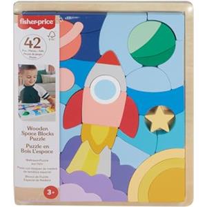 Fisher-Price - Puzzle dello Spazio in Legno, Set da 42 Blocchi impilabili in Legno per Il riconoscimento delle Forme e Lo Sviluppo dell'immaginazione, Giocattolo per Bambini, 3+ Anni, HXY42
