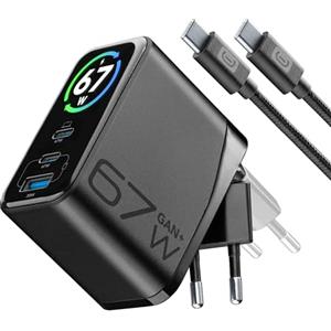Cellularline PowerView IQ 67W Caricabatterie da Rete con Display TFT, 2 Porte USB-C PD e 1 Porta USB-A 30W, Uscita Simultanea 65W, Tecnologia GaN, Spina Pieghevole, Cavo Incluso