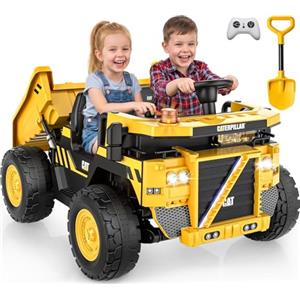 Mondial Toys Camion 24V Macchina 4x4 Elettrica 2 Posti Caterpillar da Cantiere Bambini Cassone Elettrico Ribaltabile e Pala Telecomando Parentale Luci Led Sirena Ammortizzatori Carico Massimo 50Kg (Dump Truck)