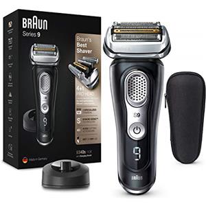 Braun Series 9 9340s Rasoio Elettrico Barba, Ricaricabile E Senza Fili, Nero, Base Di Ricarica E Custodia Da Viaggio In Tessuto, Wet&Dry, Rasoio A Lamina, Batteria Li-Ion