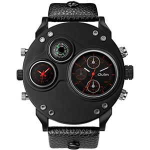 JewelryWe Orologio da Polso Grande Punky Militare Sport per Uomo, Bussola,Dual Time, Cinturino in Pelle Retro Vintage Gotico Quadrantini