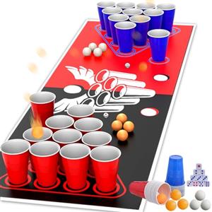 Faburo Set di bicchieri da Beer Pong da 180 x 60 cm, set con 30 bicchieri + 8 palline da ping pong + 10 dadi + tovaglietta, bicchieri da festa per giochi di bere, feste, Natale, rosso