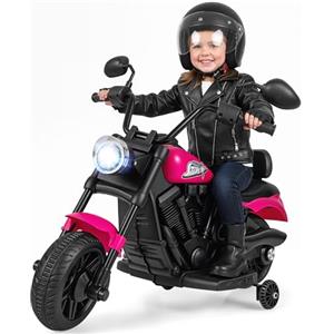 COSTWAY Moto Elettrica per Bambini, 6V Moto Cavalcabile con 2 Ruote di Supporto, Pedale, Fari e Musica, 2,4 km/h, per Bambini 3 Anni+, 79x58x56 cm (Rosa)
