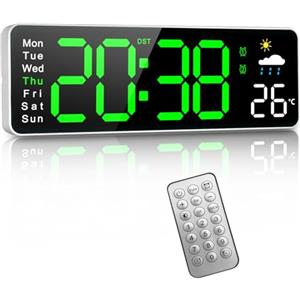 PiKaPiKaP Orologio da Parete Digitale, Orologio Digitale da 12 con Telecomando, Ora e Temperatura Settimana, Bollettino Meteorologico, Timer, Auto-oscuramento, per Soggiorno/Aula/Palestra/Chiesa/Negozio/Garage
