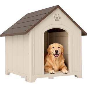 PawHut Cuccia per Cani da Esterno Taglia Grande Media 88x78x89 cm Beige | Casetta per Cani, Plastica Impermeabile, Base Rialzata, Finestre, Tetto Spiovente, Giardino Patio Terrazza Casa