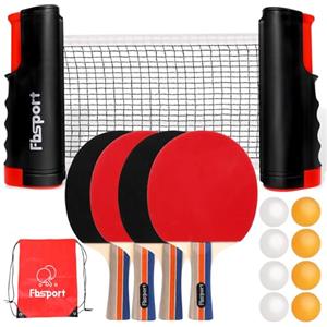 FBSPORT Set da Ping Pong da Tavolo con 4 Racchette, Retrattile Rete, 8 Palline e 1 Borsa per il Trasporto, per Bambini all'aperto e Adulti