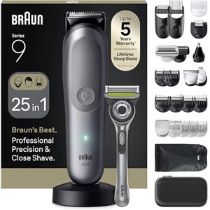 Braun Rasoio Elettrico Barba e Capelli Serie 9, Accessori AIO9565 Grigio | Rifinitore All-in-One 25in1, Rasoio Elettrico Corpo Uomo, Modalità Bodygentle, Peli Naso, Impermeabile Ricaricabile