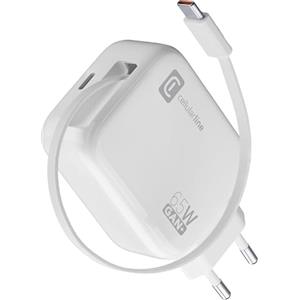 Cellularline Caricabatterie da Rete 65W con Cavo Retrattile USB-C 90cm, Tecnologia GaN, Doppia Porta USB-C Power Delivery, Compatto per Smartphone, Tablet e Laptop, Bianco