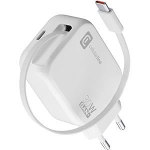 Cellularline Caricabatterie da Rete 30W con Cavo Retrattile USB-C 90cm, Tecnologia GaN, Doppia Porta USB-C Power Delivery, Compatto per Smartphone e Tablet, Bianco