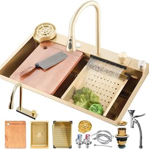 HZKSINNK 75x50cm Lavello da cascata nero, multifunzionale Lavello Cucina 1 Vasca in Acciaio Inox, con Rubinetto Estraibile, sifone e Set di Drenaggio, e vari accessor, lavello domestico set