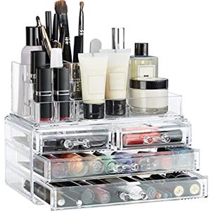 Relaxdays Organizer Trucchi con 4 Cassetti, Portatrucchi Organizzatore Bagno, per Rossetti, Smalti Gioielli, Trasparente