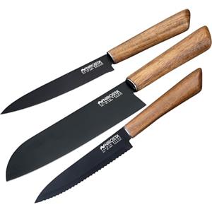 Nirosta Set 3 Coltelli in Acciaio Inox | Coltelli Santoku, a Lama Liscia e Seghettata con Rivestimento Antiaderente | Cotelli da cucina con Manico in Legno di Acacia e Custodia Protettiva, Linea Flow