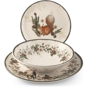 H&H Servizio Tavola 18 Pezzi Garland in Stoneware Decorato - Stile Invernale, Montano e Natalizio - Piatto Frutta con Scoiattolo, Ghirlanda su Piatti Piani e Fondi - Lavabile, Microonde