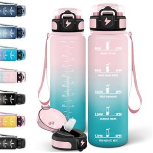 Motswedi Borraccia 1l, con Cannuccia, Borraccia Palestra, a Prova di Perdite, Bottiglia acqua, Con Marca Temporale, Bottiglia Acqua per Campo da Tennis, Ufficio, Campeggio, Bicicletta - Rosa&Ciano