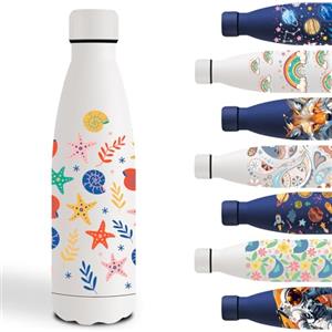 Grsta Borraccia Termica, 500ml Borraccia Bambini, Borraccie Termica Personalizzata con Stella Marina, Borraccie Metallo Senza Perdite, Borracce Bambini Acciaio, per Campeggio, Scuola，Ciclismo, Bianco