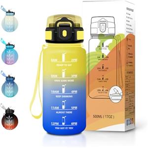 JAPORIA Bottiglia 500ml, Borraccia con Cannuccia, Marcatori Temporali, Borraccia Acqua Riutilizzabile, senza BPA, a Prova di Perdite, per Scuola, Ufficio e Sport
