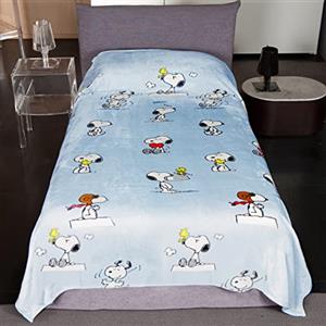 Kanguru - Plaid Singolo, Snoopy, 130x230 cm, Coperta per Letto, grigia, soffice pile, misura singola, 1 piazza, idea regalo natale bambino bambina, idee compleanno, cameretta, Peanuts, Celeste