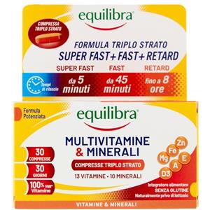 Equilibra Multivitamine e Minerali, Rilascio Prolungato fino a 8 ore, Vitamine A, B, C, D, E, Ferro, Iodio, Zinco, per Energia e Sostegno, Senza Glutine, per Vegetariani, 30 Compresse Triplo Strato