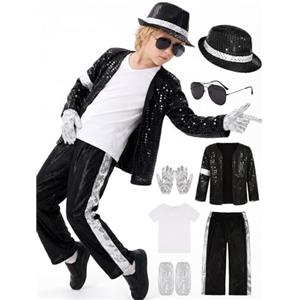 Generico Michael Costume Jackson Vestito Bambino, Pop Star, Set 6 Pezzi Con Giacca Nera Con Paillettes, Pantaloni, Cappello, Guanto - Spettacoli Halloween Christmas