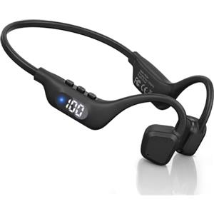 Caijin Cuffie Conduzione Ossea Bluetooth 6.0, Auricolari Sportivi Bluetooth Open-ear Autonomia 14 Ore, Open-ear Cuffie LED Display, IPX8 Impermeabili, Qualità Audio HD Per Corsa Ciclismo Guida Fitness (Nero)