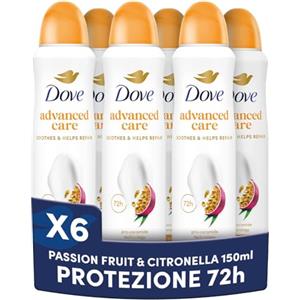Dove Deodorante Spray Advanced Care Go Fresh Passion Fruit, con Formula Idratante e Delicata sulla Pelle, Senza Alcol, Pelle Asciutta Fino a 72 Ore, Deodorante Uomo e Donna, 6 Pezzi da 150ml