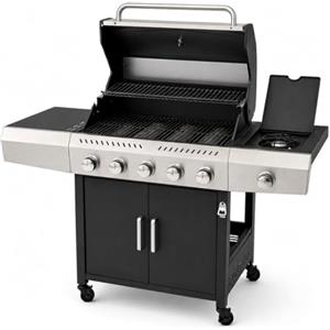EGLEMTEK Barbecue a Gas Professionale XXL Da 19 kW con 6 Bruciatori in Acciaio Inox 304 Con Fuoco Laterale Termometro Coperchio Doppio Griglia Di Cottura 70 x 42 Cm Scaldavivande Ruote 140 × 50 × 120 Cm Nero