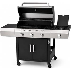 EGLEMTEK Barbecue a Gas Professionale XXL Da 13 kW con 4 Bruciatori in Acciaio Inox 304 Con Fuoco Laterale Termometro Coperchio Doppio Griglia Di Cottura 65 x 42 Cm Scaldavivande Ruote 135 × 50 × 120 Cm Nero