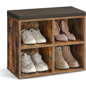 VASAGLE Panca Scarpiera, Scarpiera Ingresso con Seduta Imbottita e 4 Scomparti, Scaffale Porta Scarpe da Ingresso, 30,5 x 59,6 x 48 cm, Marrone Vintage e Marrone LHS234K01