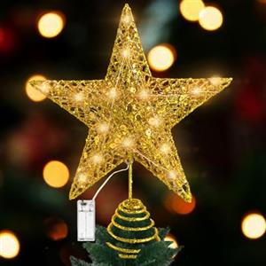 FFTANXS Puntale Albero di Natale con luci a LED, 20 * 25 * 5.5cm Stella Albero di Natale,Per La Casa Decorazioni Dell'albero Festività,Colore: Oro