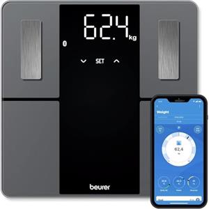 Beurer BF 500 BT Super Black Edition Bilancia Diagnostica Elegante con Funzione Bluetooth e app, per grasso corporeo con portata di 180 kg, percentuale muscolare, fabbisogno calorico, display XL