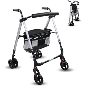 Mobiclinic®, Deambulatore per adulti, Pieghevole, Leggero, Sedile e cestino xxl, Supporto bastoni, Altezza regolabile, In alluminio, Freni a pressione, Dehesa, Ruote piene, Grigio perlato