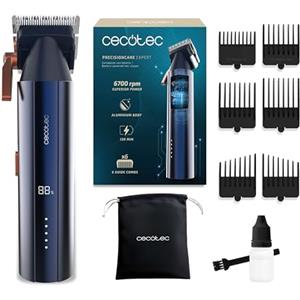 Cecotec Tagliacapelli con Motore Brushless Digitale PrecisionCare Expert Elite. 6700rpm, 2 Velocità, 6 Pettini Guida, Corpo Alluminio, Autonomia 2h, Regolazione Lunghezza 0.8-2mm, Borsa Trasporto