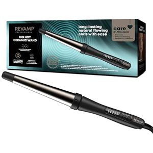 REVAMP Progloss Big Hot Wand, Ferro Arricciacapelli Conico in Ceramica con Tecnologia Ionica per Onde e Ricci Definiti, Infuso con Oli Protettivi, Diametro 32-19 mm, Temperatura 120°C-210°C, Nero