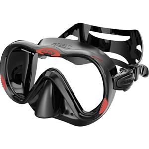 SEAC Boss-S, Maschera Snorkeling Adulto in Silicone Monolente in Vetro Temperato Antiurto, Regolazione Rapida a Pulsante, Cinghiolo Regolabile, Nero/Rosso