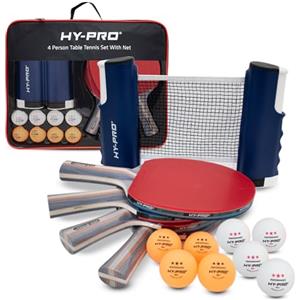 Hy-Pro Set da ping pong portatile - con rete estensibile fino a 170 cm, 4 racchette, 8 palline, borsa per il trasporto, palline a 3 stelle, per bambini e adulti, interni ed esterni, set da ping pong